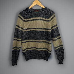 Oakton Limited Men’s M Sweater Blue Tan Striped Knit Acrylic Pullover Crew Neck